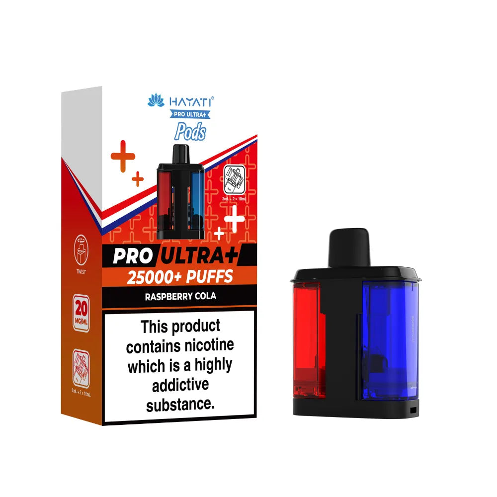 Hayati Pro Ultra+ "Raspberry Cola" Pod with colourful packaging on a white background.