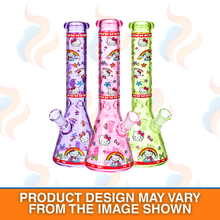 Three colourful hello kitty inspired glass bongs on a white background
