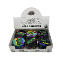 Box of 6 Alien Herb Grinders with colourful grinders inside on a white background