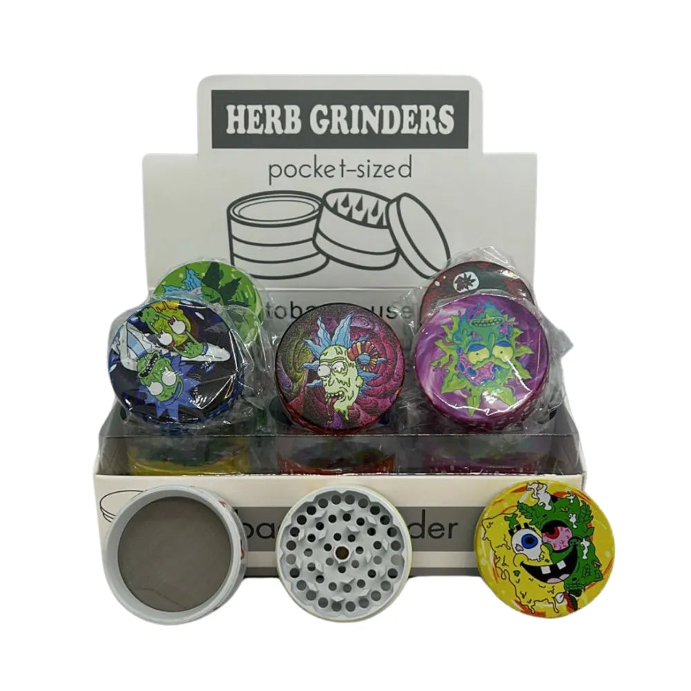 Display of pocket-sized herb grinders with colourful designs on a white background.