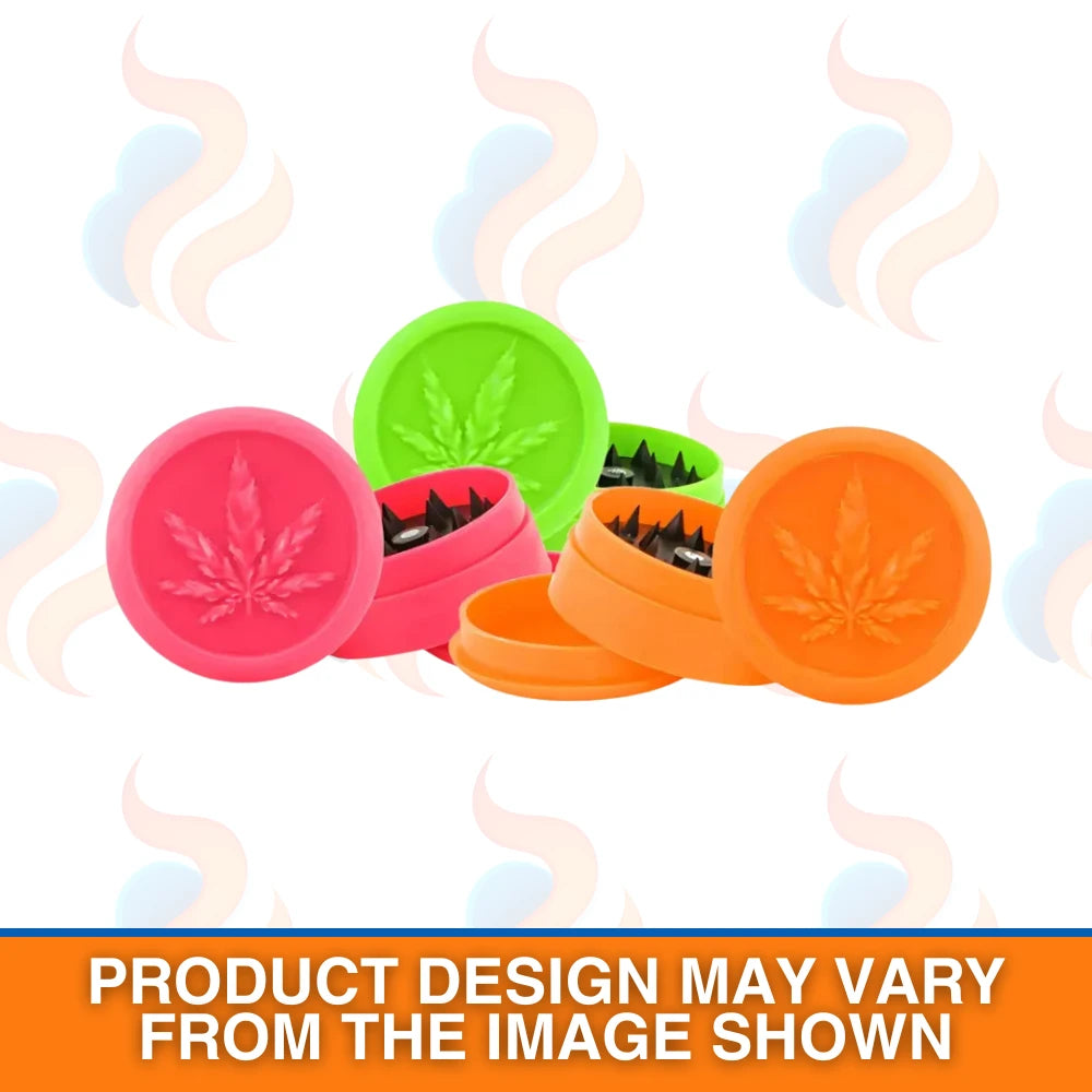 Three colourful Magic Leaf plastic soft touch grinders on a white background with UK Vape Supply logo