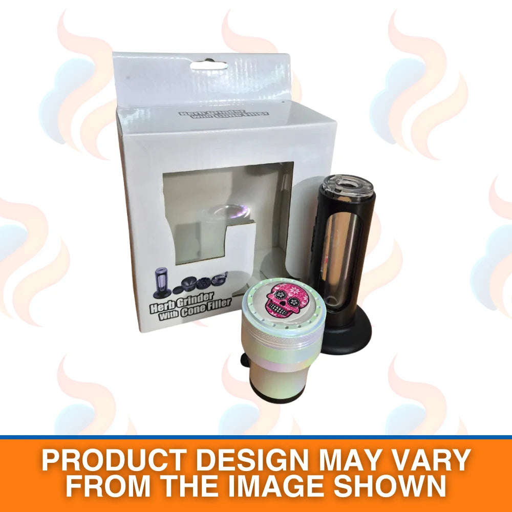 Herb grinder with pink skull design on a white background