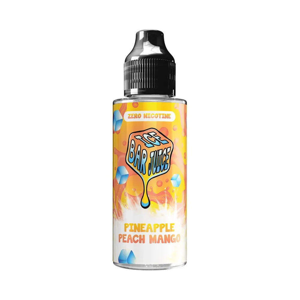 Bottle of Pineapple Peach Mango e-liquid with colorful label on a white background