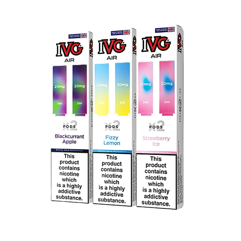 Three boxes of IVG Air pods with different flavors on a white background