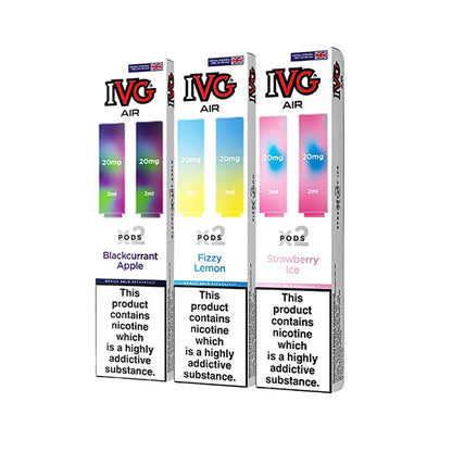 Three boxes of IVG Air pods with different flavors on a white background
