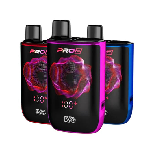 Three IVG Pro 2 prefilled vape devices in different colours on a white background.