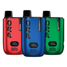 Three IVG Pro vape devices in red, blue, and green on a white background