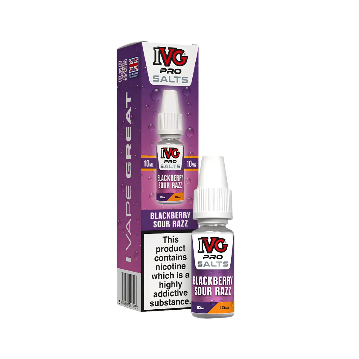 A bottle of IVG Pro Salts Blackberry Sour Razz e-liquid next to its purple packaging box, featuring a prominent nicotine warning label on the front.