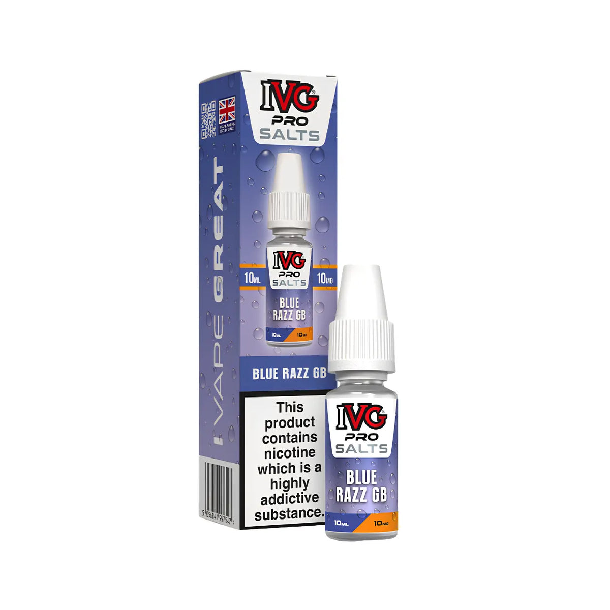 A 10ml bottle of IVG Pro Salts Blue Razz GB e-liquid next to its blue and white packaging box, featuring the IVG logo and a prominent nicotine warning label.