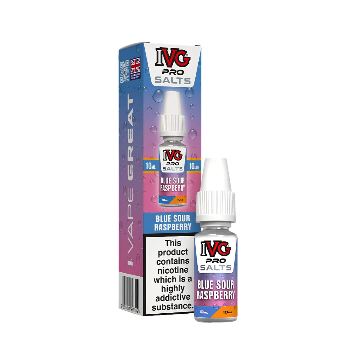 A 10ml bottle of IVG Pro Salts Blue Sour Raspberry e-liquid next to its retail packaging box, displayed on a clean white background.