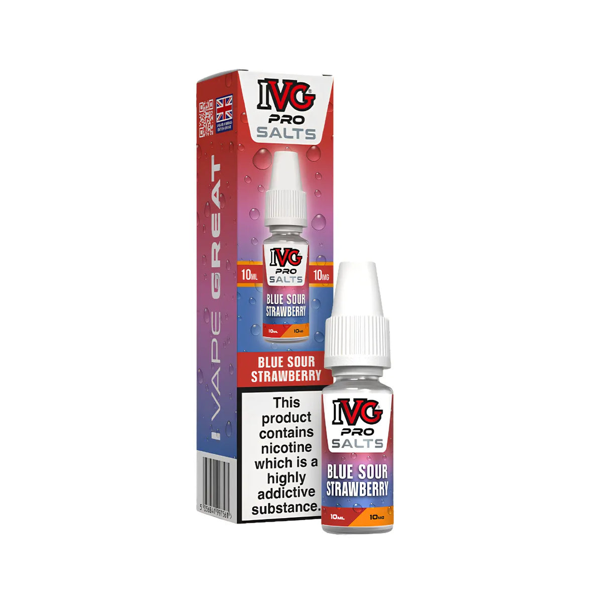 A bottle of IVG Pro Salts Blue Sour Strawberry e-liquid next to its retail box, featuring a red, purple, and blue gradient design with a prominent nicotine warning label.