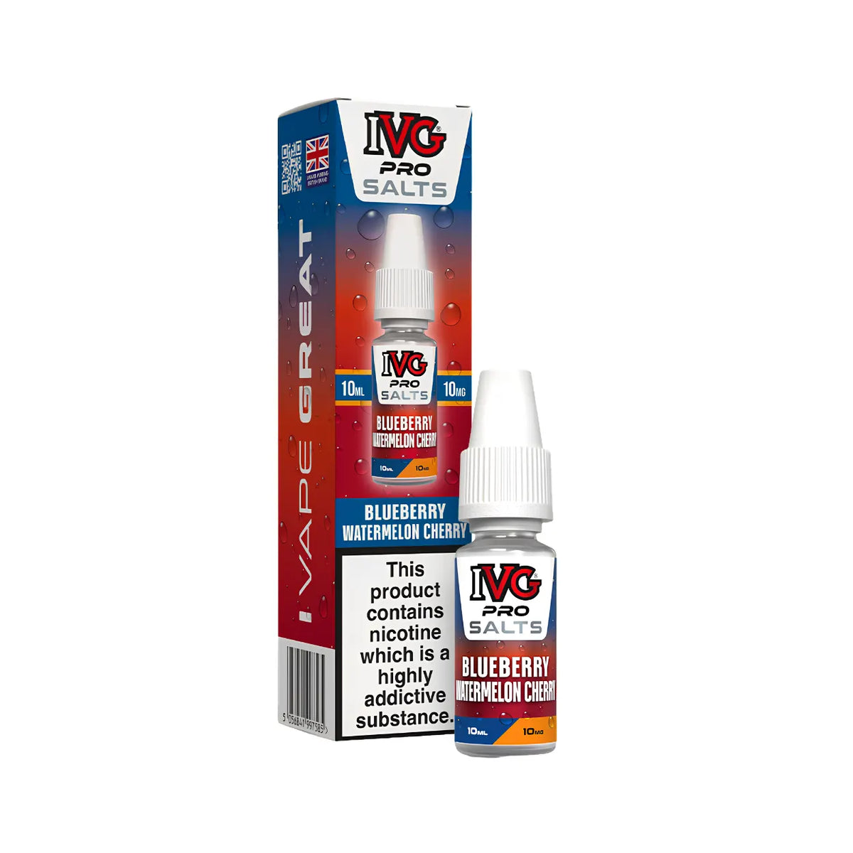A bottle of IVG Pro Salts Blueberry Watermelon Cherry e-liquid next to its retail packaging box, displayed on a clean white background.