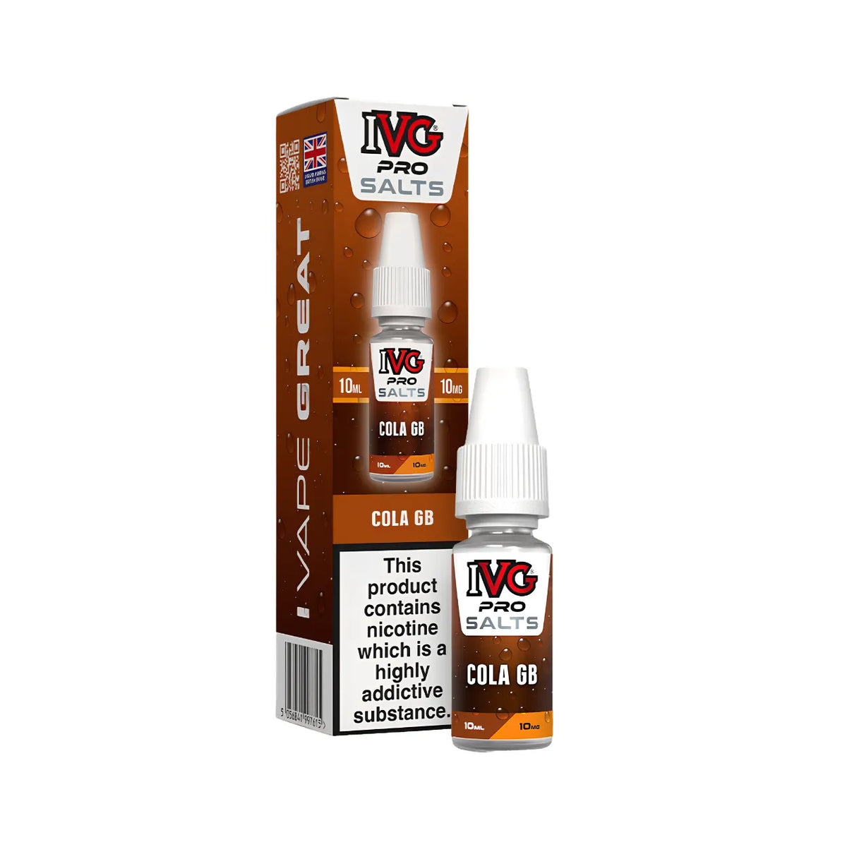 A bottle of IVG Pro Salts Cola GB e-liquid next to its retail packaging box, both featuring a brown and orange color scheme with white caps and warning labels.