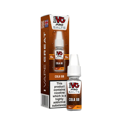 A bottle of IVG Pro Salts Cola GB e-liquid next to its retail packaging box, both featuring a brown and orange color scheme with white caps and warning labels.