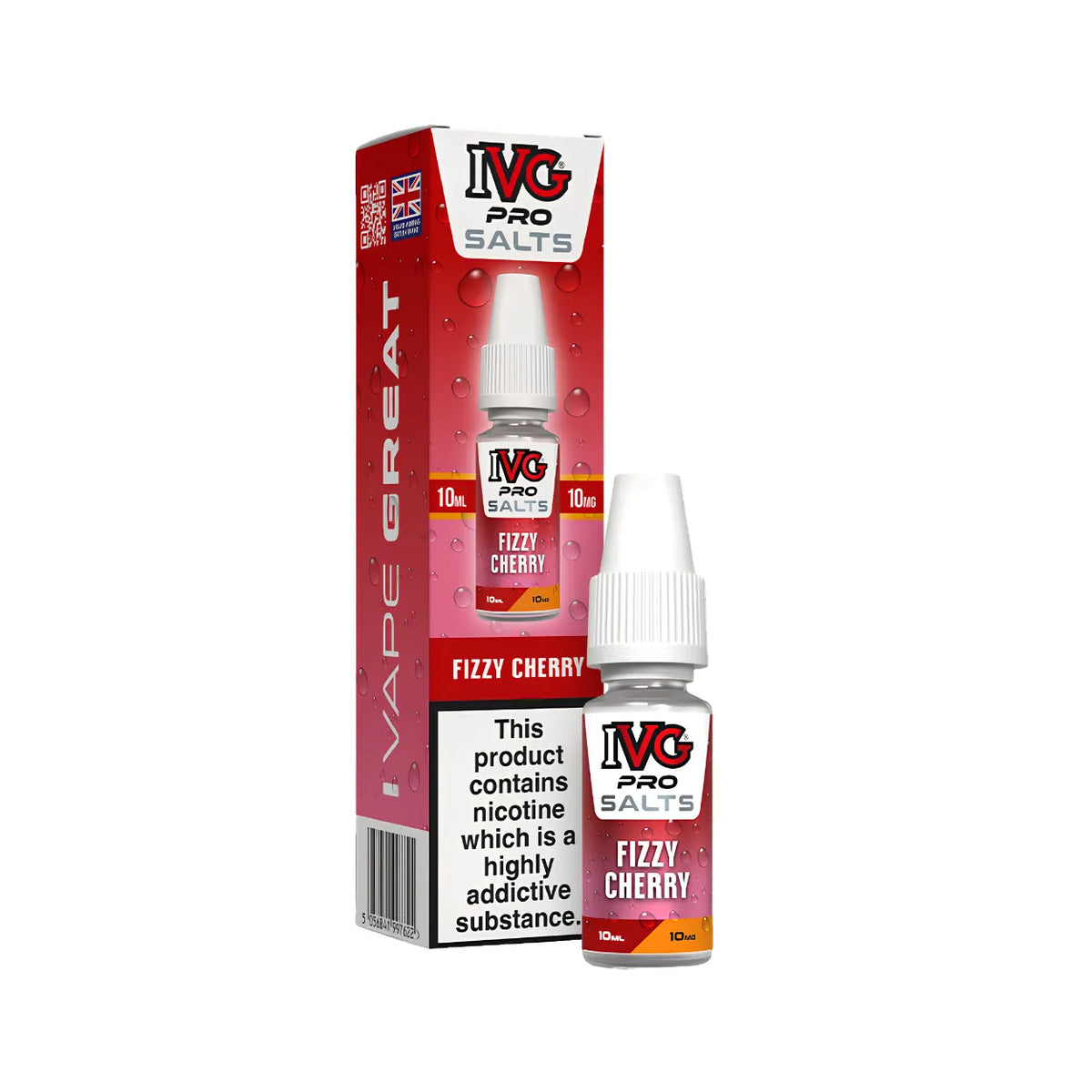 A bottle of IVG Pro Salts Fizzy Cherry e-liquid next to its red packaging box, featuring a white cap and a prominent nicotine warning label.