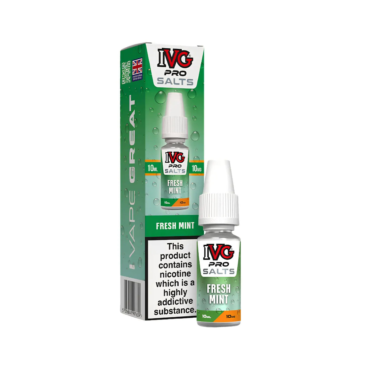 A 10ml bottle of IVG Pro Salts Fresh Mint e-liquid next to its green and white packaging box, displayed on a clean white background.