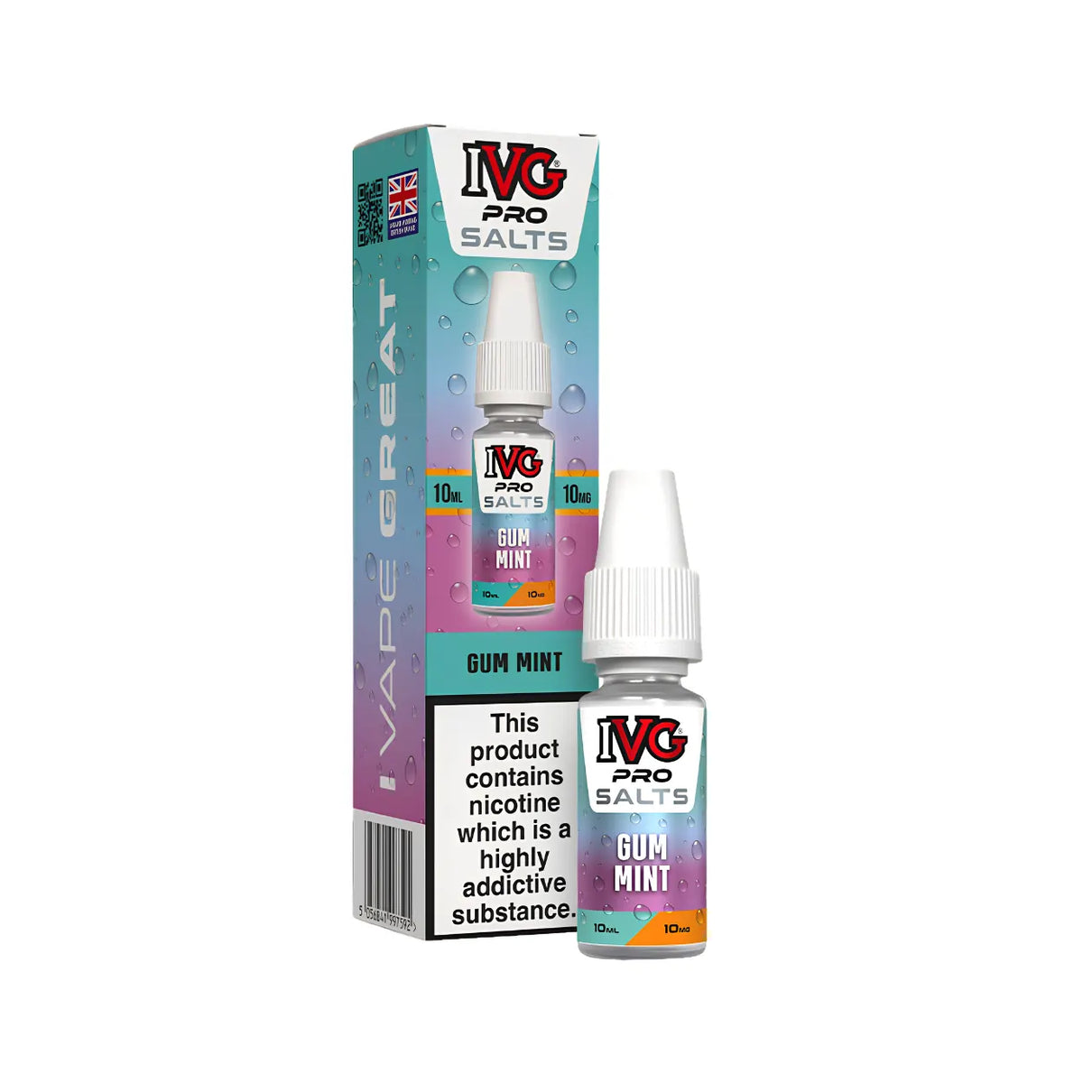 A 10ml bottle of IVG Pro Salts Gum Mint e-liquid next to its retail packaging box, both featuring a vibrant gradient label with purple, blue, and orange tones.