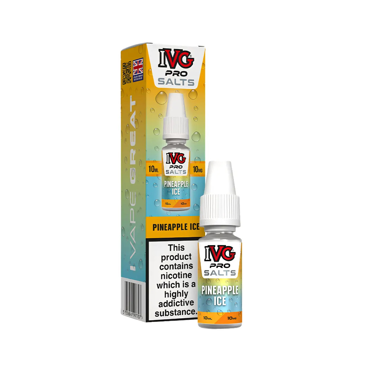 A bottle and box of IVG Pro Salts 'Pineapple Ice' e-liquid, featuring a yellow-to-blue gradient design with water droplets and a prominent nicotine warning label.