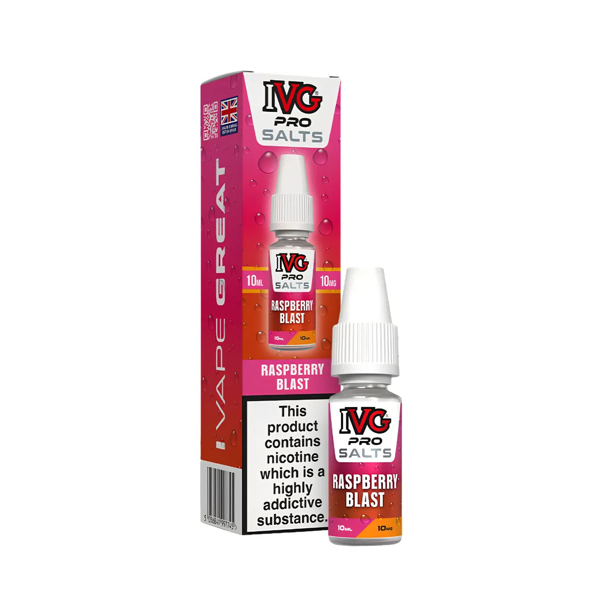 A 10ml bottle of IVG Pro Salts Raspberry Blast e-liquid next to its pink and orange packaging box, displayed on a clean white background.