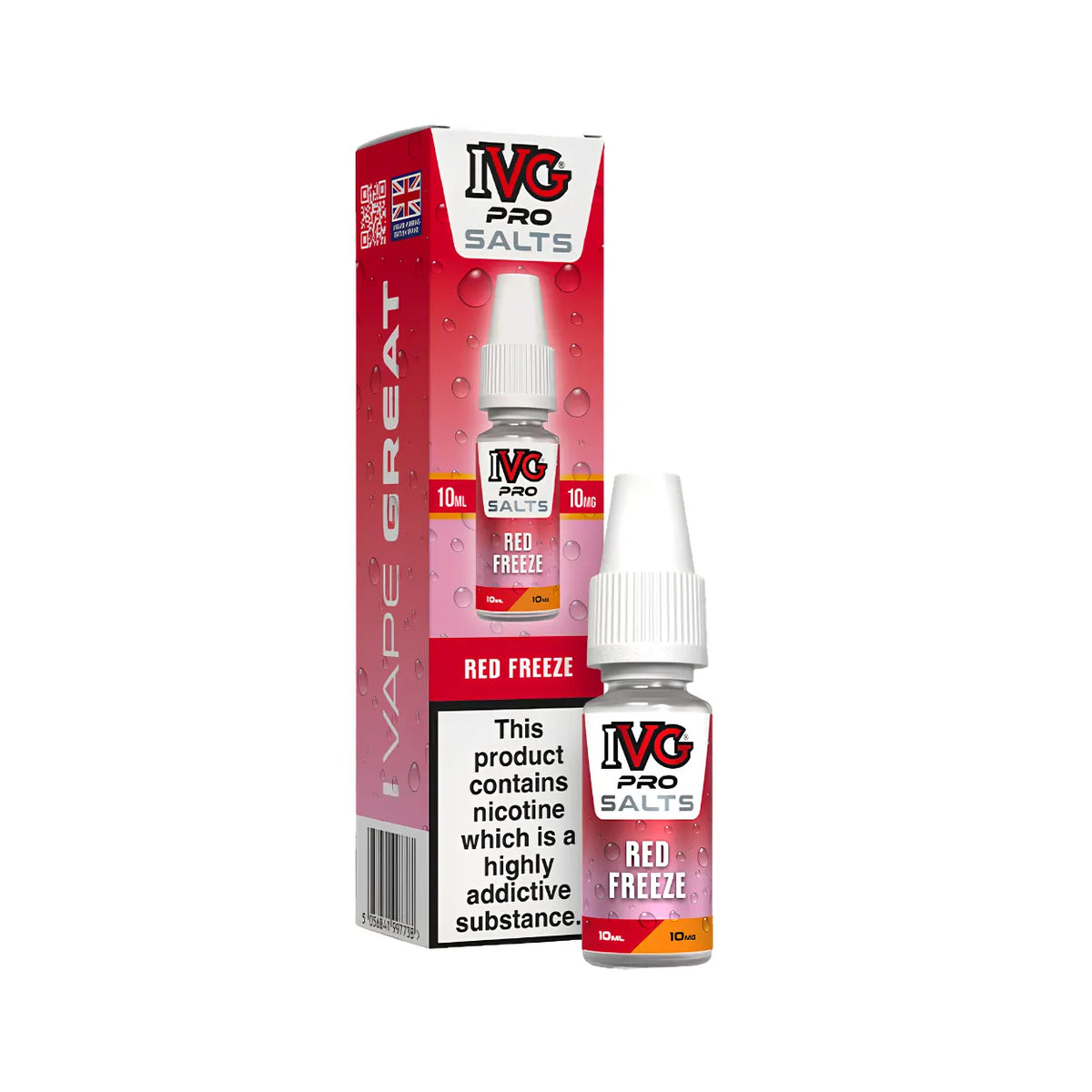 A bottle of IVG Pro Salts Red Freeze e-liquid next to its red and white packaging box, displayed on a clean white background.