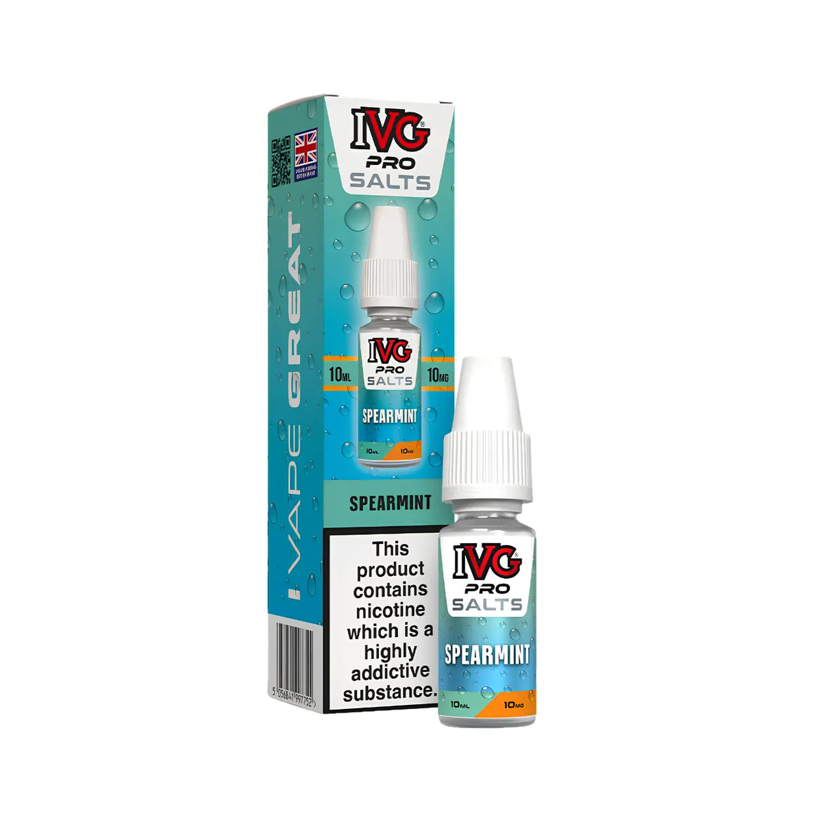 A 10ml bottle of IVG Pro Salts Spearmint e-liquid next to its teal and white packaging box, featuring the IVG logo and a prominent nicotine warning label.