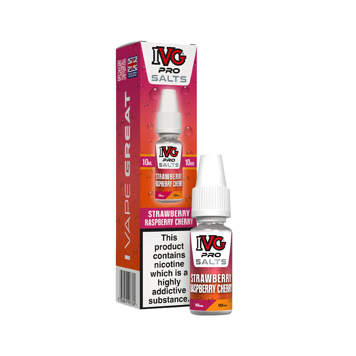 A bottle of IVG Pro Salts Strawberry Raspberry Cherry e-liquid next to its retail packaging box, displayed on a clean white background.