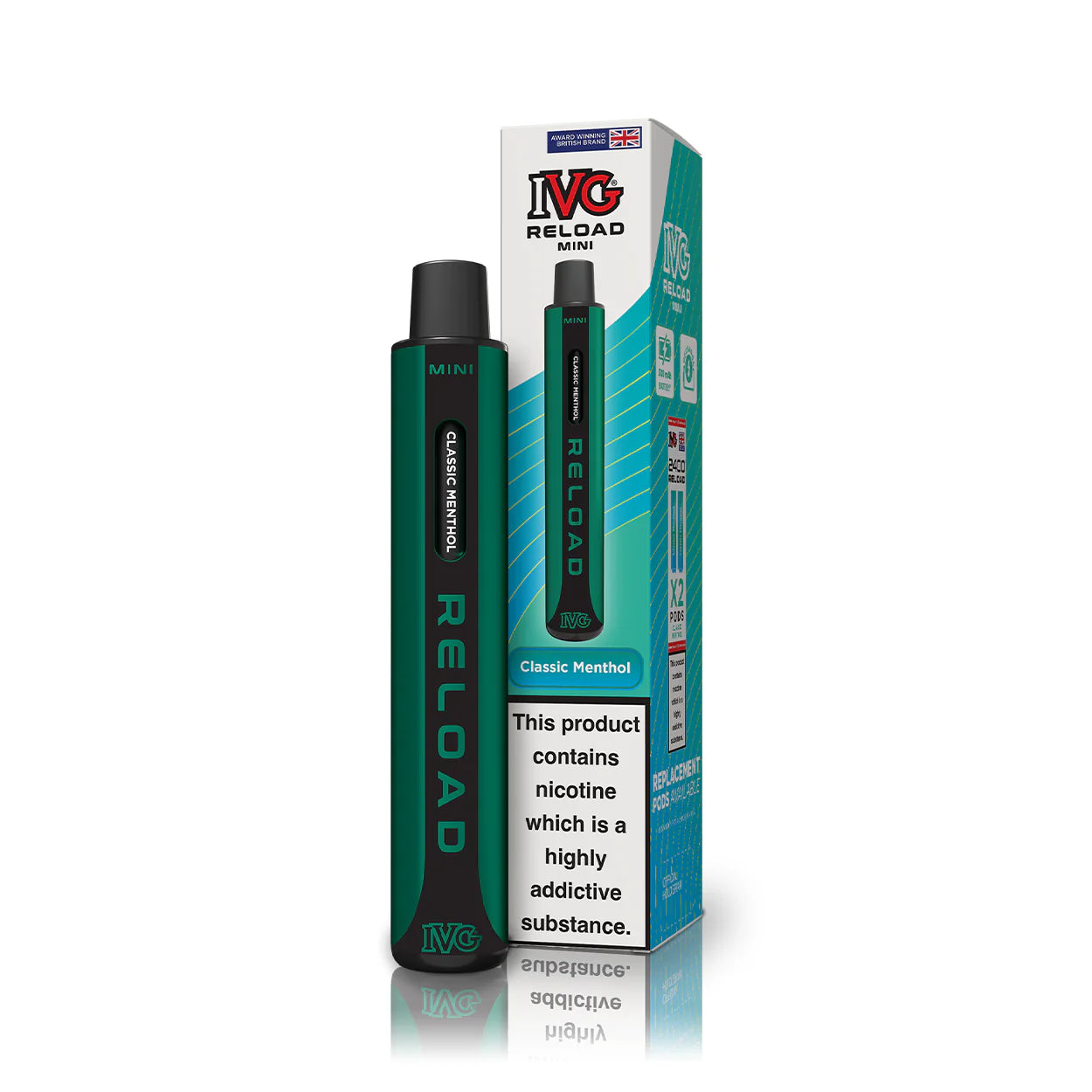 IVG Reload Classic Menthol vape pen and packaging on a white background