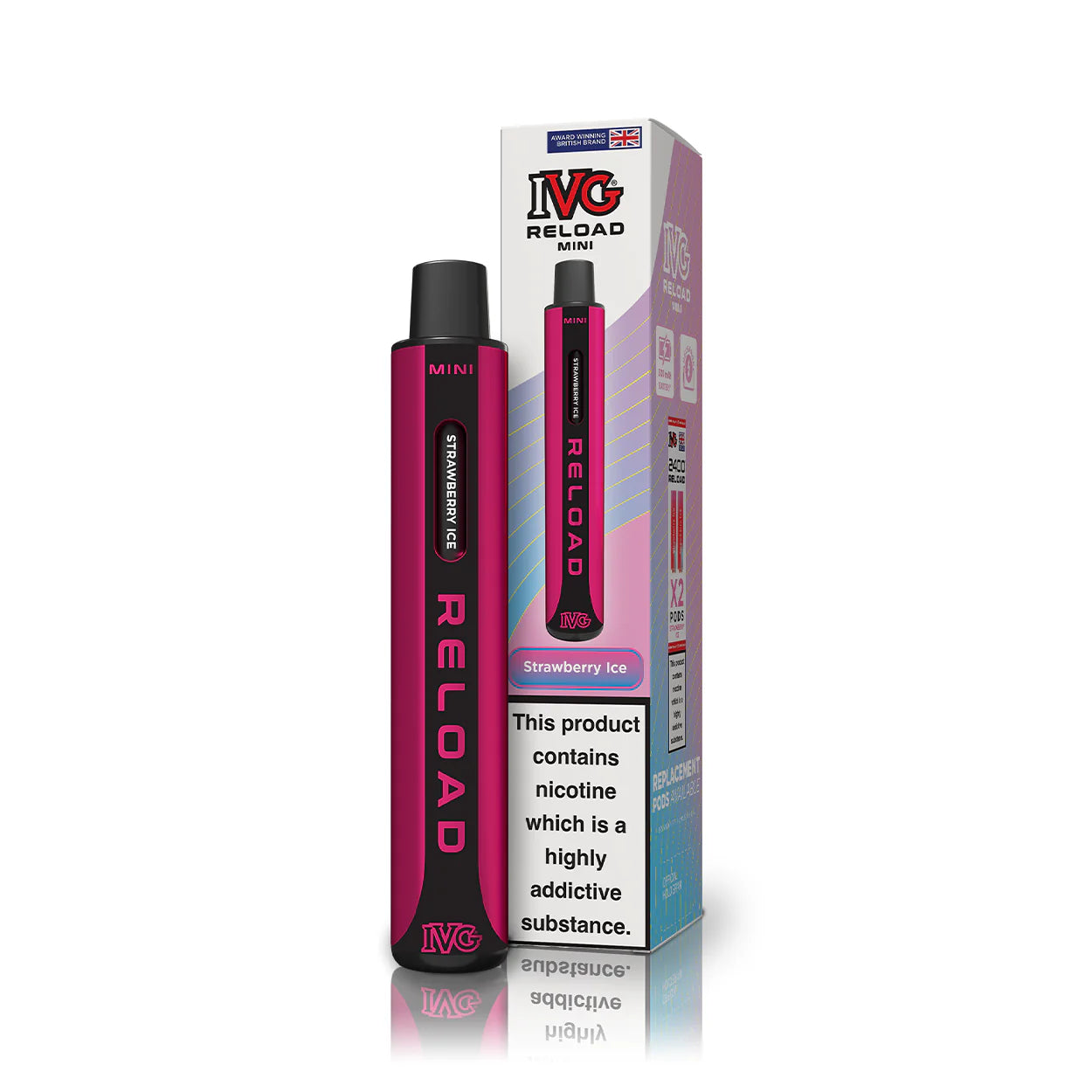 IVG Reload Strawberry Ice vape pen and packaging on a white background
