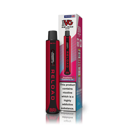 IVG Reload Strawberry Raspberry Ice vape device and packaging on a white background