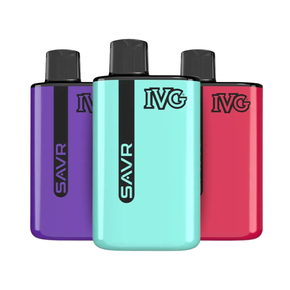 Three IVG vape devices in purple, teal, and red on a white background