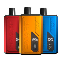 Three Smart IVG vape devices in red, orange, and blue on a white background