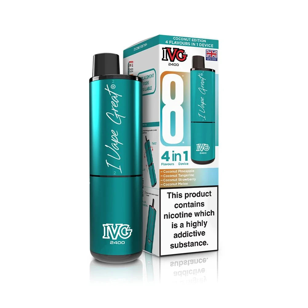 IVG 2400 4 in 1 vape device in "Coconut Edition" with colourful packaging on a white background.