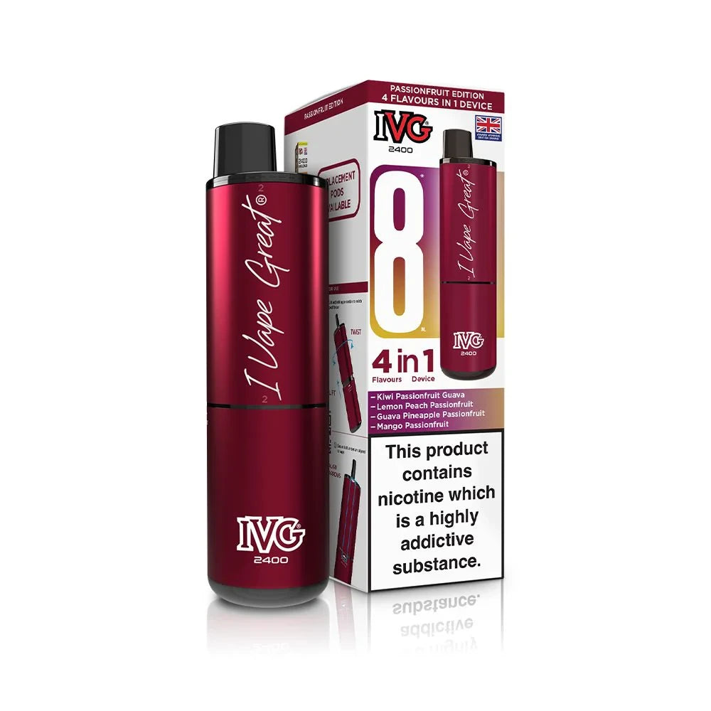 IVG 2400 4 in 1 vape device in "Passionfruit Edition" flavour with colourful packaging on a white background.