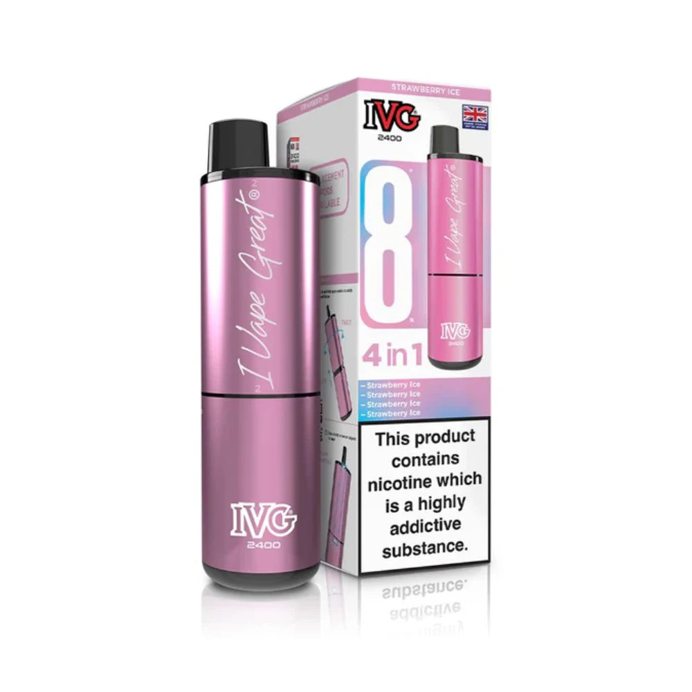 IVG 2400 4 in 1 vape device in "Strawberry Ice" flavour with colourful packaging on a white background.