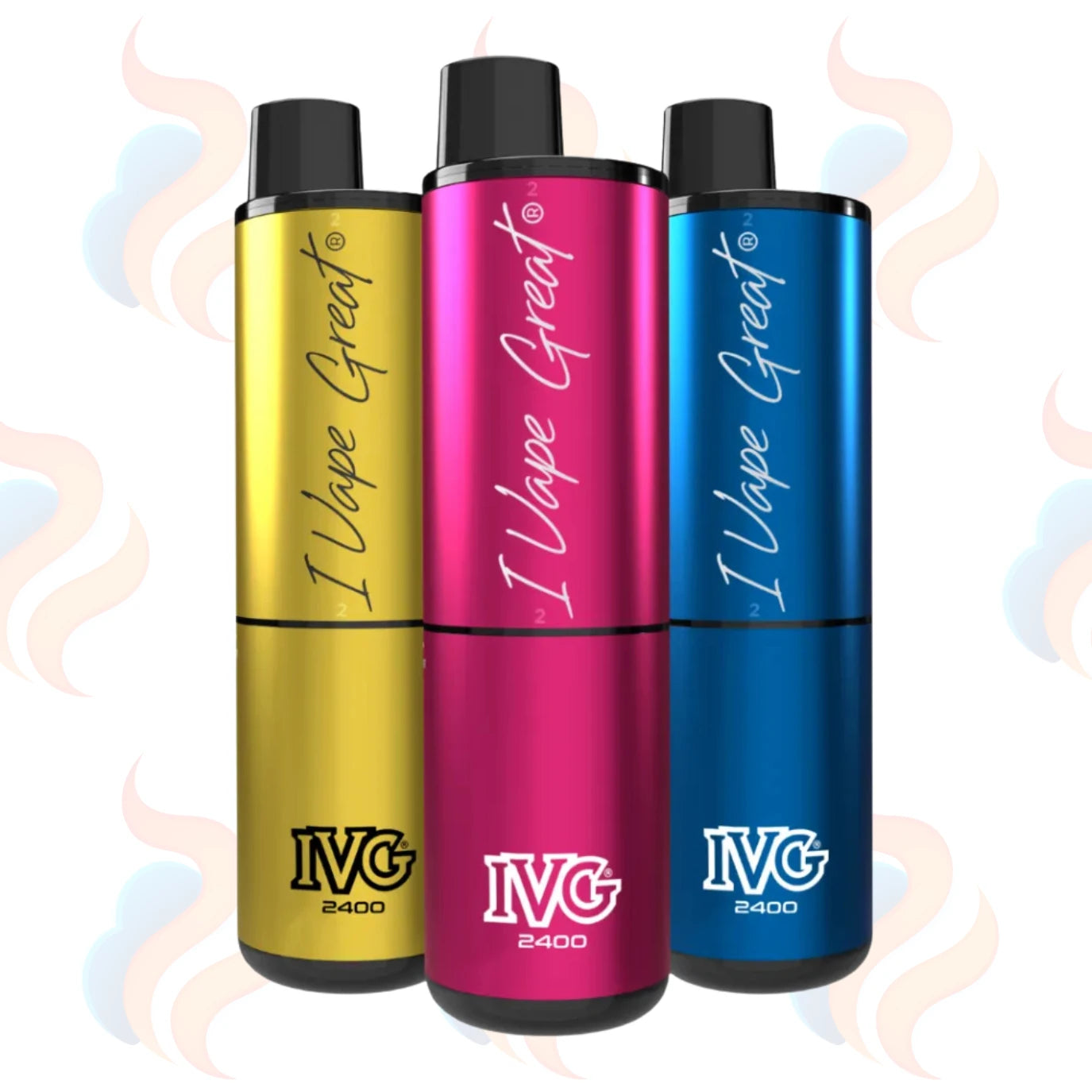 Three IVG 2400 vape devices in yellow, pink, and blue on a UK Vape Supply Logo background