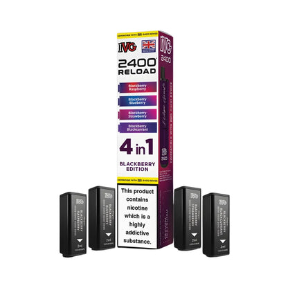 IVG 2400 Reload 4in1 Blackberry Edition colourful packaging with 4 black pods on a white background