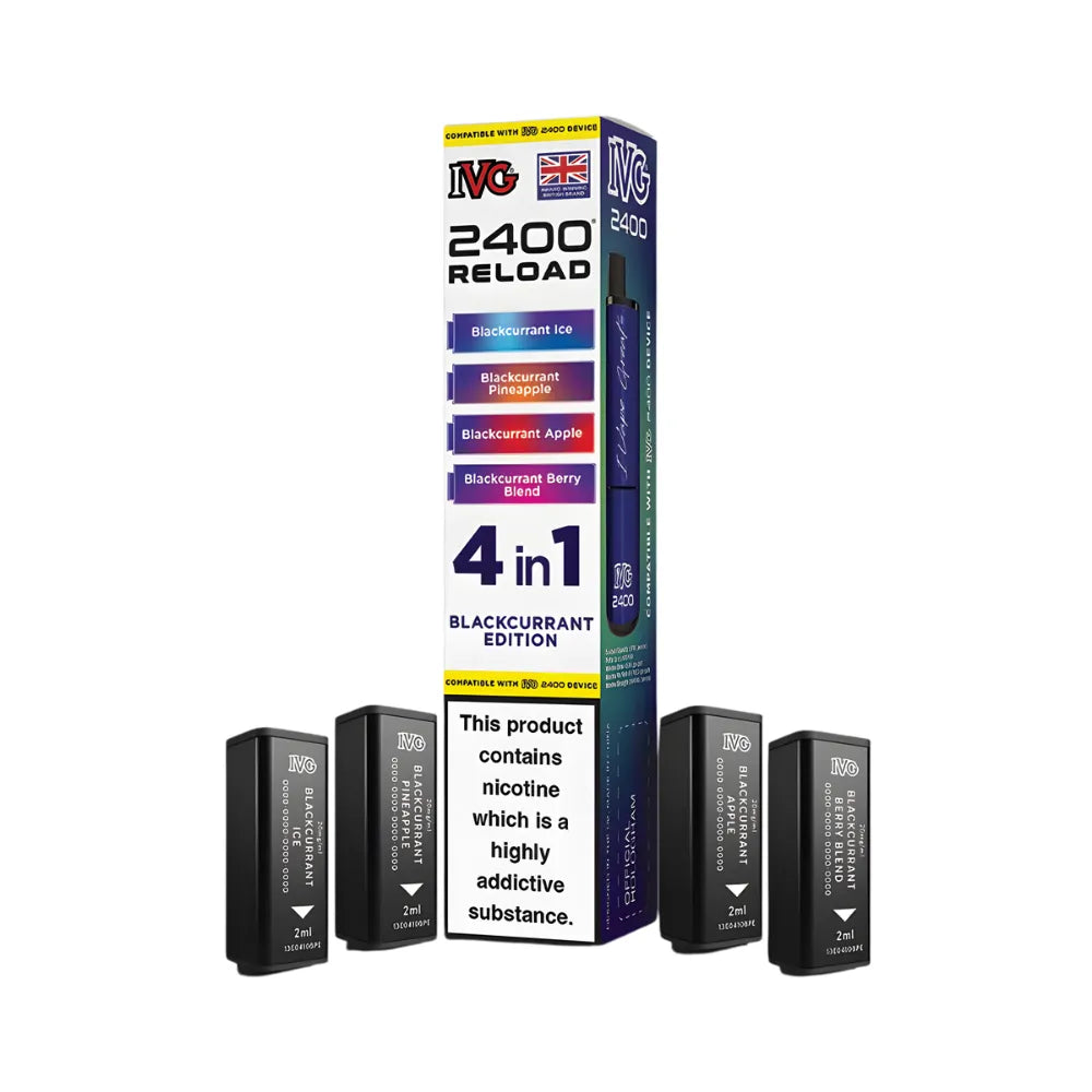 IVG 2400 Reload 4in1 Blackcurrant Edition colourful packaging with 4 black pods on a white background