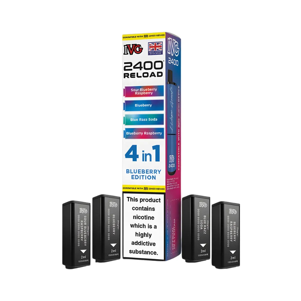 IVG 2400 Reload 4in1 Blueberry Edition colourful packaging with 4 black pods on a white background