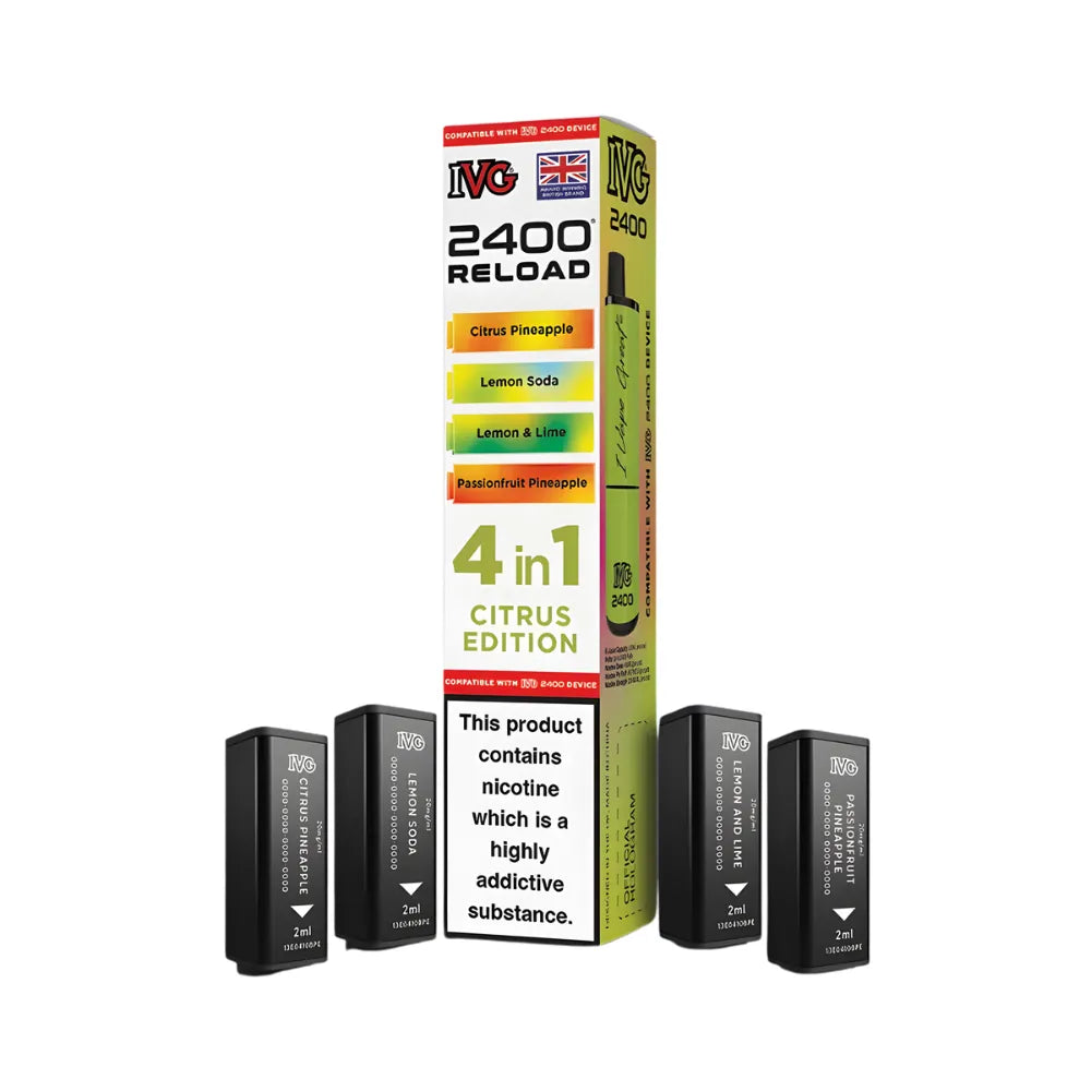 IVG 2400 Reload 4in1 Citrus Edition colourful packaging with 4 black pods on a white background
