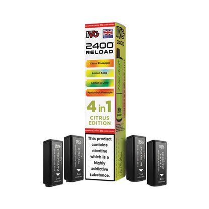 IVG 2400 Reload 4in1 Citrus Edition colourful packaging with 4 black pods on a white background