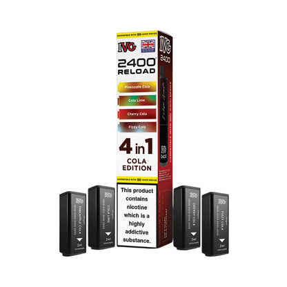 IVG 2400 Reload 4in1 Cola Edition colourful packaging with 4 black pods on a white background