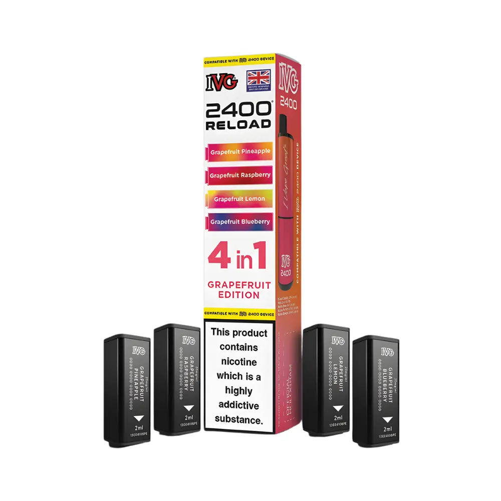 IVG 2400 Reload 4in1 Grapefruit Edition colourful packaging with 4 black pods on a white background
