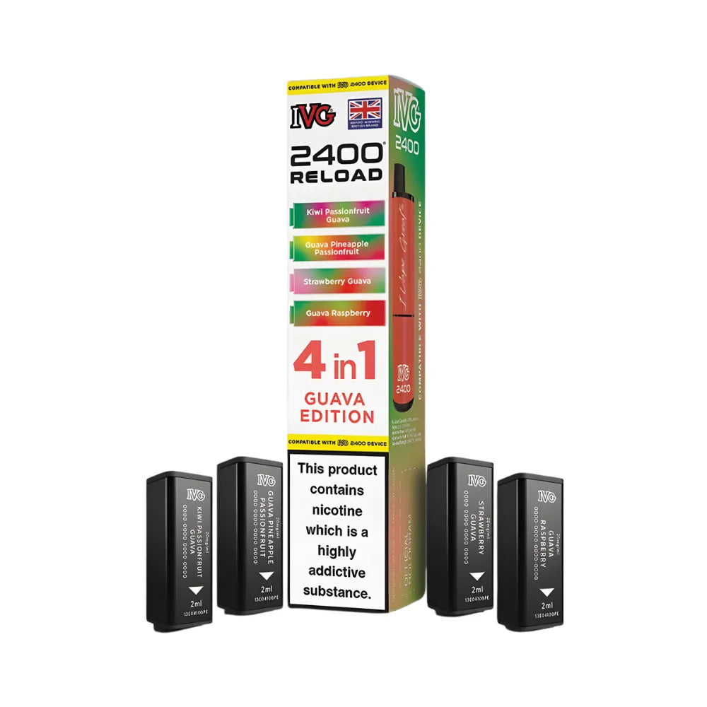 IVG 2400 Reload 4in1 Guava Edition colourful packaging with 4 black pods on a white background