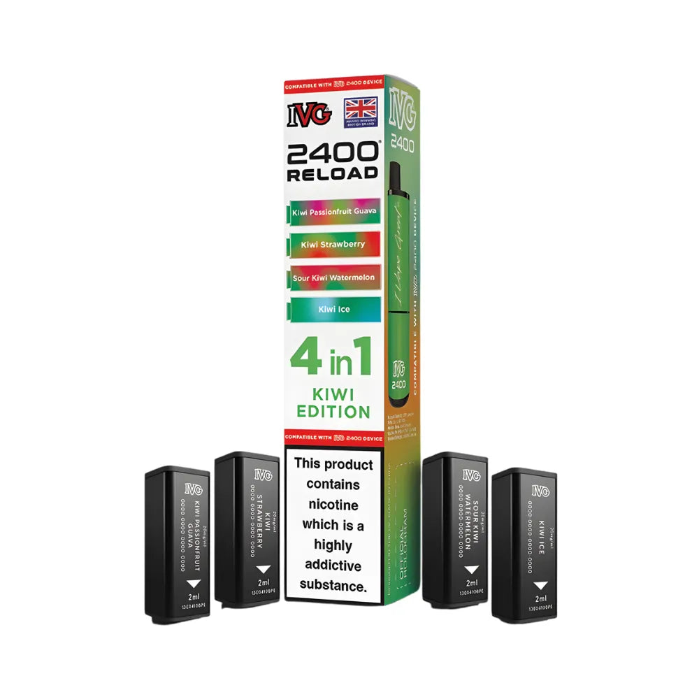 IVG 2400 Reload 4in1 Kiwi Edition colourful packaging with 4 black pods on a white background