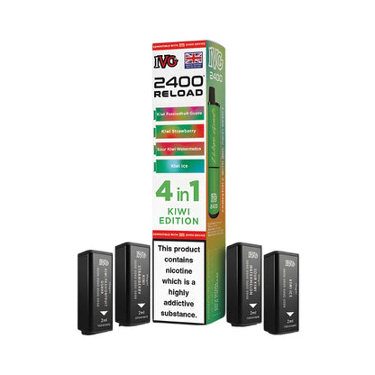 IVG 2400 Reload 4in1 Kiwi Edition colourful packaging with 4 black pods on a white background
