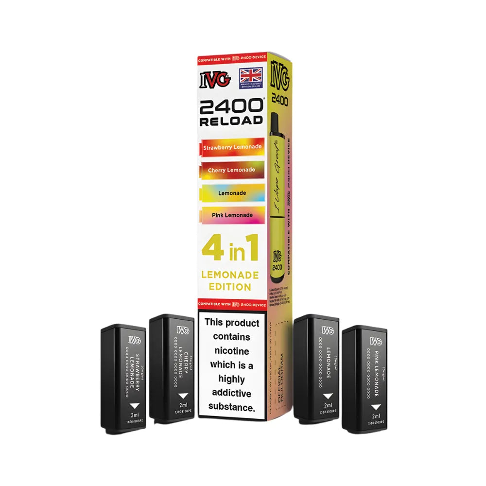 IVG 2400 Reload 4in1 Lemonade Edition colourful packaging with 4 black pods on a white background