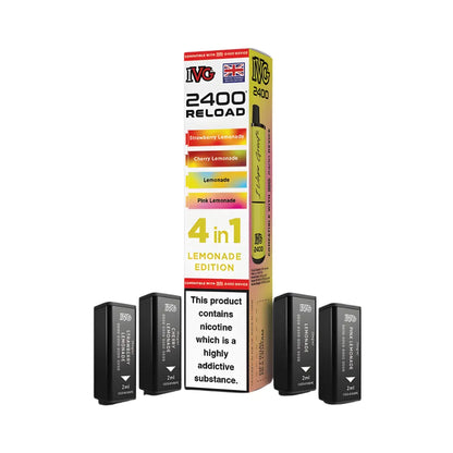 IVG 2400 Reload 4in1 Lemonade Edition colourful packaging with 4 black pods on a white background