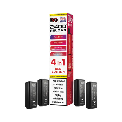 IVG 2400 Reload 4in1 Red Edition colourful packaging with 4 black pods on a white background
