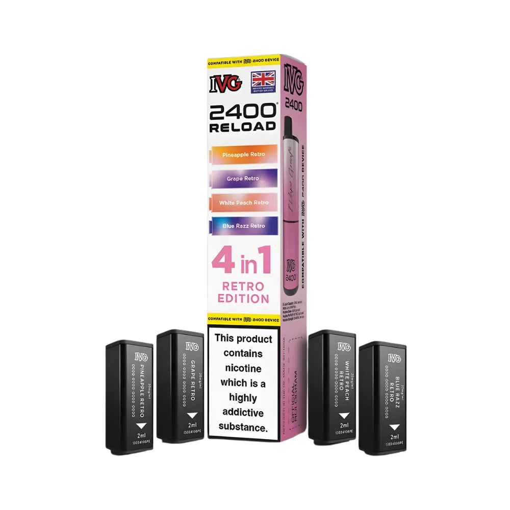 IVG 2400 Reload 4in1 Retro Edition colourful packaging with 4 black pods on a white background