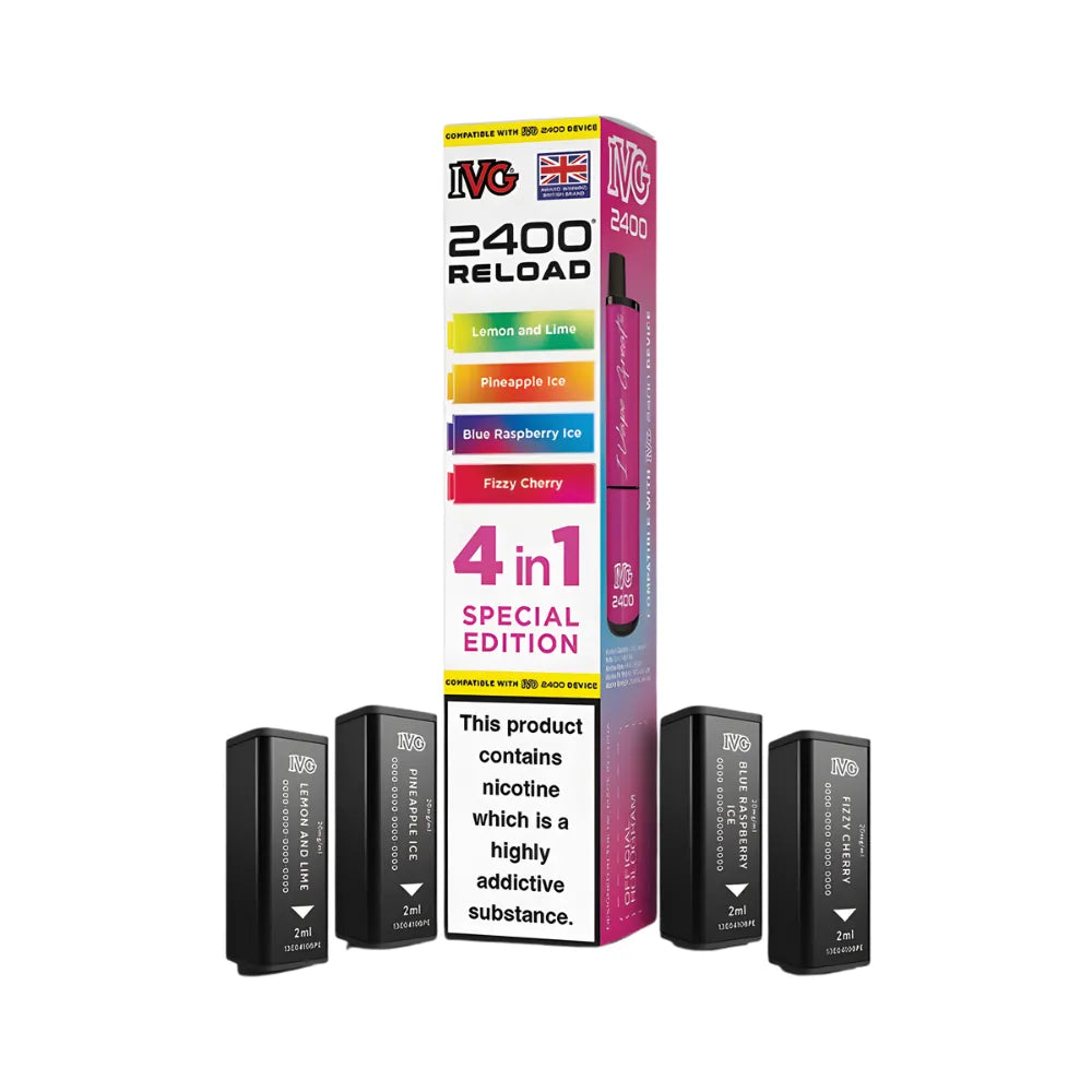 IVG 2400 Reload 4in1 Special Edition colourful packaging with 4 black pods on a white background